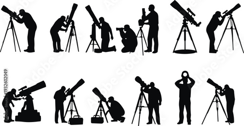 Astronomer with telescope silhouettes set, people observing night sky isolated on white background vector illustration collection