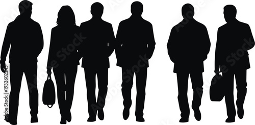 Business people walking silhouettes, professional team with bags isolated on white background vector illustration collection
