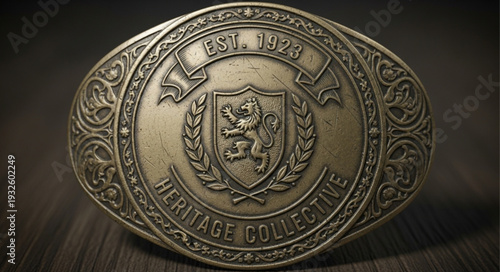 Vintage brass belt buckle with intricate design and heraldic emblem.