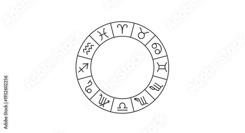 Zodiac Wheel Depicting Astrological Signs and Celestial Symbols.