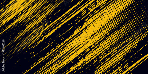 Halftone yellow dots pattern and black gradient grunge texture background. Dotted line comic sport style vector modern