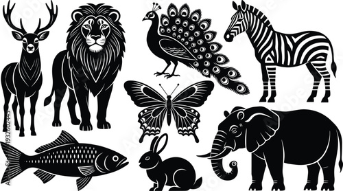 Black and White Animal Silhouette Collection Featuring Lion Elephant Zebra Deer Peacock Butterfly Fish Rabbit and Peacock Vector Illustrations Set for Logo Design and Crafts