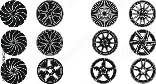 Black car wheel rim silhouette collection featuring alloy and spoke designs, automotive tire rims set, isolated vehicle parts icons for transport and auto industry design