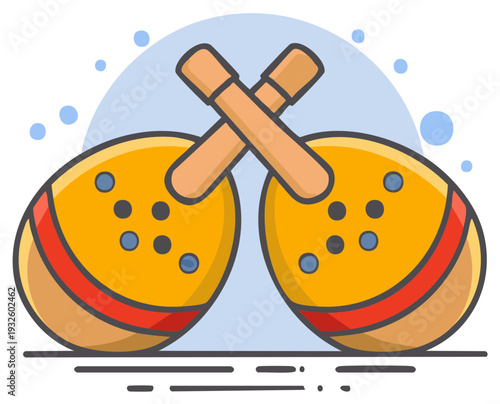 Two Yellow Maracas Crossed with Red Bands and Wooden Handles