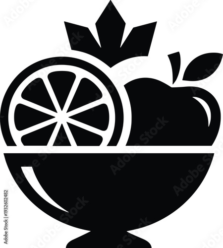 Black and white minimalist vector icon of a fruit bowl featuring sliced citrus orange apple and papaya leaf for healthy eating food and nutrition