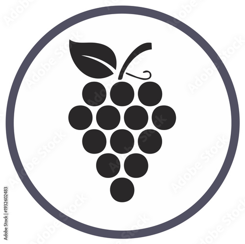 Minimalist black grape bunch icon with leaf and tendril in a circular frame