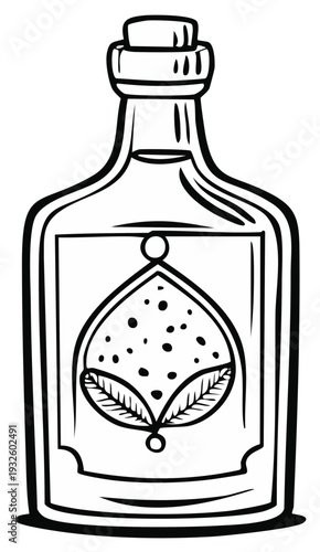 Potion Bottle Black and White Illustration with Pear and Leaf Design