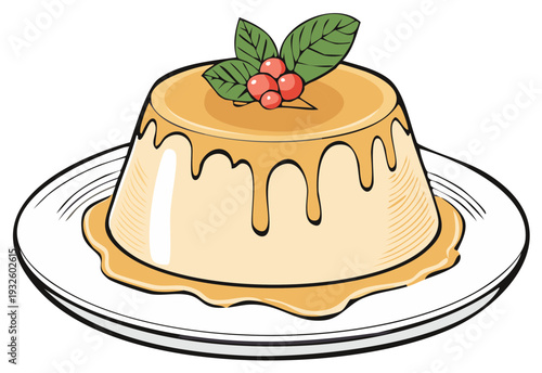 Delicious flan illustration on a plate with berry garnish and flowing caramel sauce design element for culinary designs.