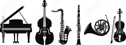 Classical musical instruments silhouettes set, piano double bass saxophone clarinet french horn violin isolated vector illustration