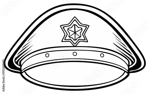 Outline Image of Officer's peaked cap with six point star, decorative design vector illustration