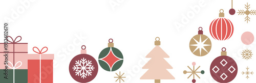 Minimalist Christmas decoration set with gift boxes, baubles and stylized tree, modern flat holiday icons collection for winter greeting cards and festive design