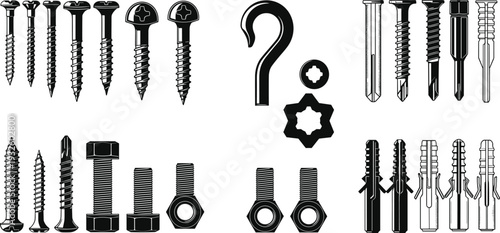 Black fasteners silhouette collection featuring screws bolts nuts anchors and hooks, industrial hardware elements set, isolated mechanical construction parts illustration for repair design