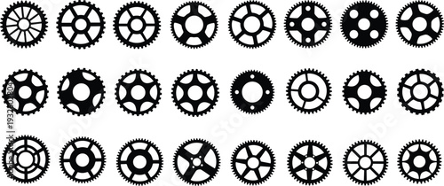 Black gear silhouette collection featuring industrial cogwheel and sprocket shapes, mechanical engineering elements set, isolated machinery parts icons illustration for technology industry design