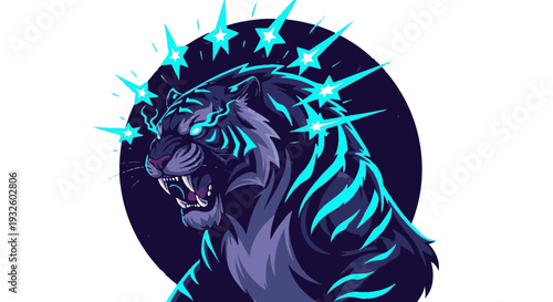 Glowing lion head with blue sparks.