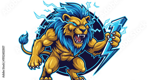 A muscular lion with blue mane holding lightning.