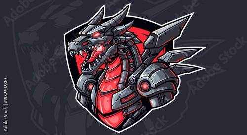 Detailed illustration of a fierce robotic dragon head with glowing red eyes and metallic armor, designed as an e-sports mascot or gaming logo.