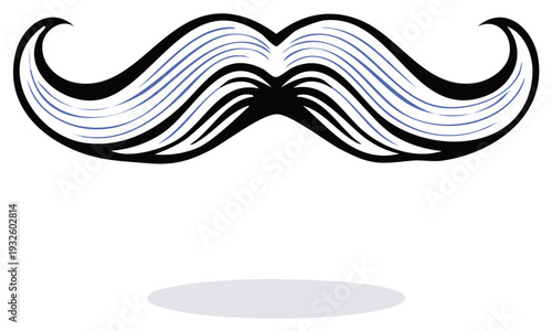 Detailed black and white illustration of an ornate moustache with curly tips and layered hair strands