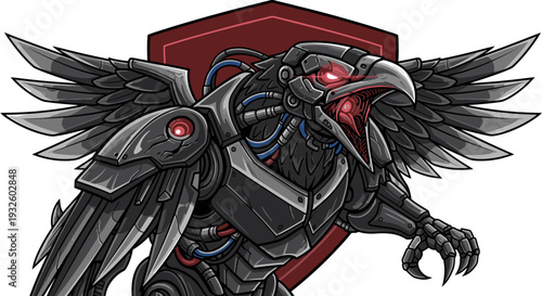 A detailed illustration of a futuristic robotic raven with glowing red eyes and metallic armor, set against a dark red shield.