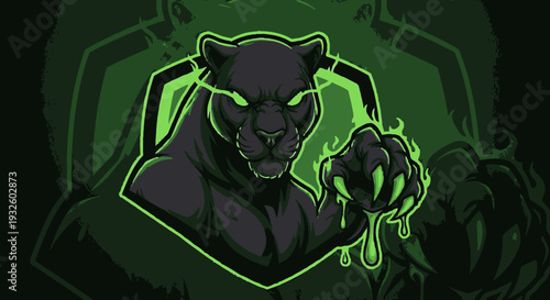 Fierce black panther mascot with glowing green eyes and sharp, dripping claws, designed for esports or gaming, against a dark background with green energy effects.
