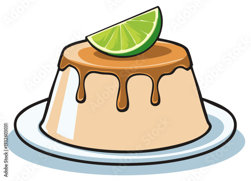 Caramel flan dessert with lime wedge on white plate illustration for menu or recipe design