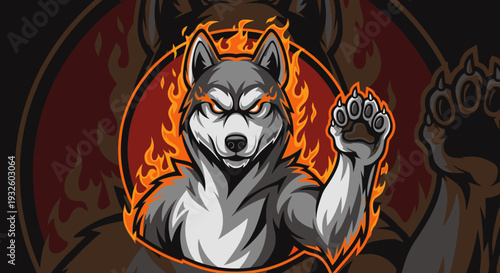 Aggressive wolf mascot with fiery aura and raised paw, perfect for gaming or esports logo design and branding.