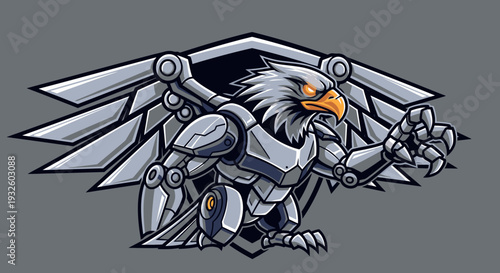 A powerful robotic eagle mascot with metallic armor and glowing eyes, depicted in a dynamic pose against a dark shield background.