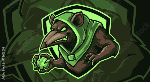 Aggressive rat-like creature in a green hood holding a glowing orb, designed as an esports mascot or gaming logo with a dark and vibrant green aesthetic.