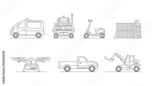 Vehicular Ensemble: A comprehensive compilation of diverse vehicles including a van, delivery robot, scooter, shipping container, drone, pickup truck, and excavator.