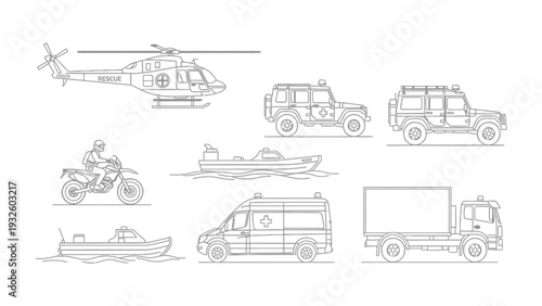 Emergency Services Vehicle Collection: A comprehensive set of line art illustrations showcases a variety of vehicles essential for emergency services.