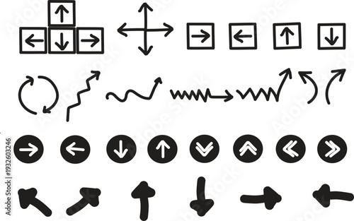 Vector set of alphabet letters and business web icons featuring a black anchor sign and arrow symbol design element