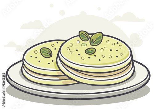 Light Yellow Pancakes with Mint Leaves on a Plate Delicious Breakfast Food Illustration