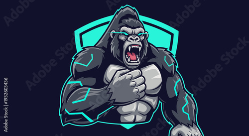 Fierce and powerful gorilla mascot with glowing blue eyes and geometric patterns, ready for action against a dark background with a shield.
