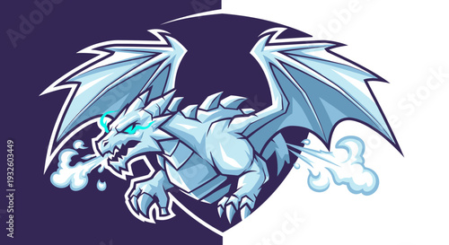 Dynamic white ice dragon mascot logo with glowing blue eyes and frosty breath, set against a split purple and white background, showcasing mythical power and fantasy.
