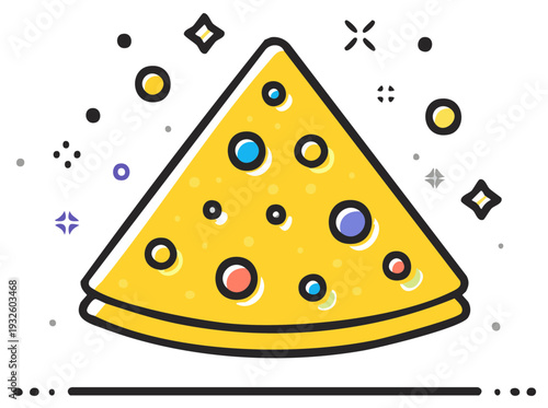 Cartoon pizza slice with cheese and colorful bubbles, flat vector illustration