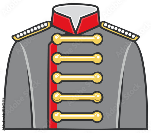 Grey Military Style Coat with Gold Toggles and Red Trim Detailed Isolated Illustration