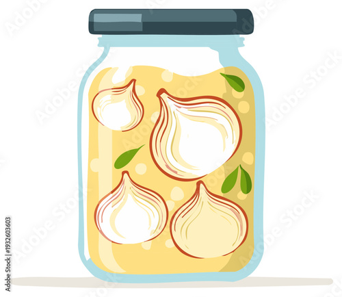 Glass Jar Filled With Pickled Onions and Brine Illustrated Food Preserve