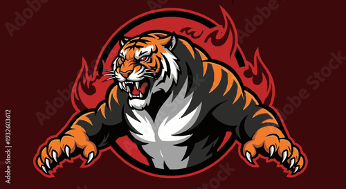 Fierce tiger mascot with extended claws and flaming red background, designed as a powerful emblem.