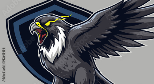 An aggressive dark eagle or griffin mascot with glowing yellow eyes and a shield background, designed in an esports logo style.