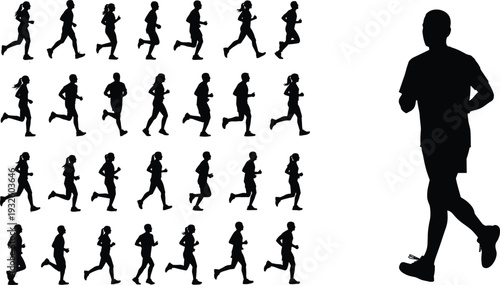 Black silhouette running people collection showing male and female joggers in various motion poses, fitness exercise concept, marathon training icons set isolated on white