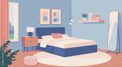 Modern cozy bedroom interior illustration with double bed, nightstand, mirror and wall decor, stylish apartment room design in soft pastel colors for home decor