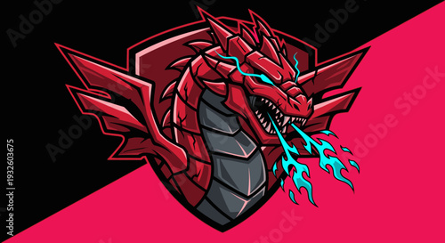Vibrant red dragon e-sports logo with blue fire breathing from its mouth, set against a shield emblem on a split black and red background.