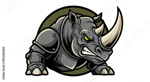 Aggressive armored rhinoceros mascot with glowing green eyes and a large horn, depicted in a strong, stylized cartoon illustration.