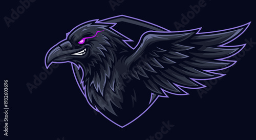 A fierce black raven mascot logo with glowing purple eyes and a sharp beak, designed in an aggressive esports style.