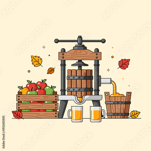 Flat Vector Illustration Of Autumn Apple Cider Pressing