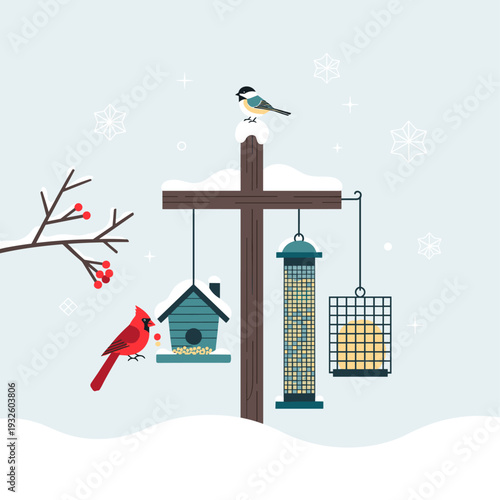 Flat Design Winter Birds and Feeder Station Illustration