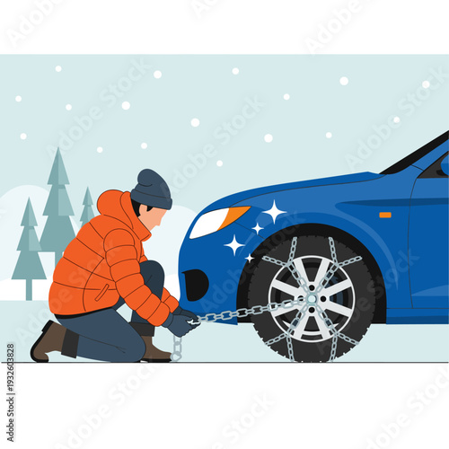 Flat Vector Illustration of Winter Car Chain Installation