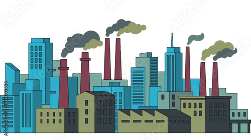 Industrial city skyline with factories emitting smoke, flat vector illustration
