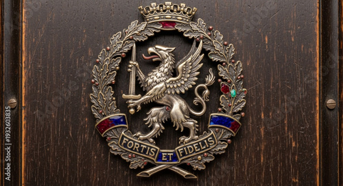 Detailed emblem featuring a griffin holding a sword, intricate design, and elegant details.
