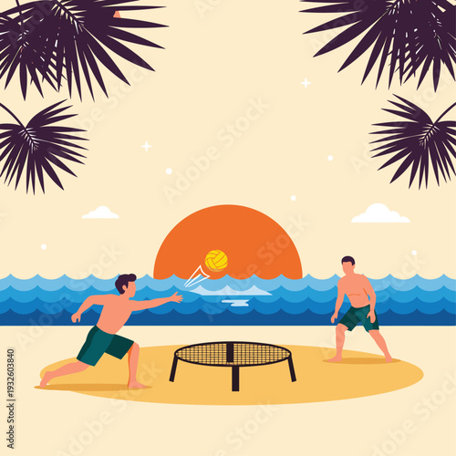 Sunset Beach Roundnet Spikeball Game Flat Vector Illustration