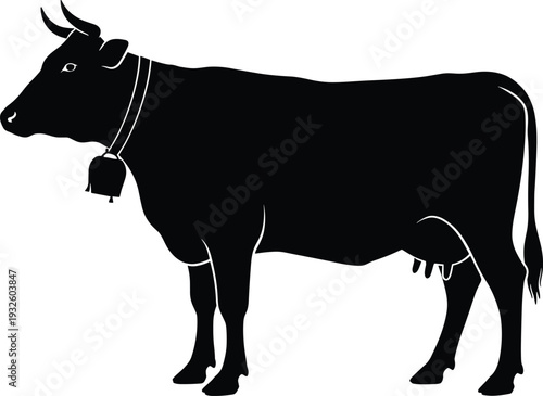Black Silhouette of a Dairy Cow Wearing a Traditional Cowbell Standing Side View Isolated on White Background for Farm Agriculture and Livestock Branding Design